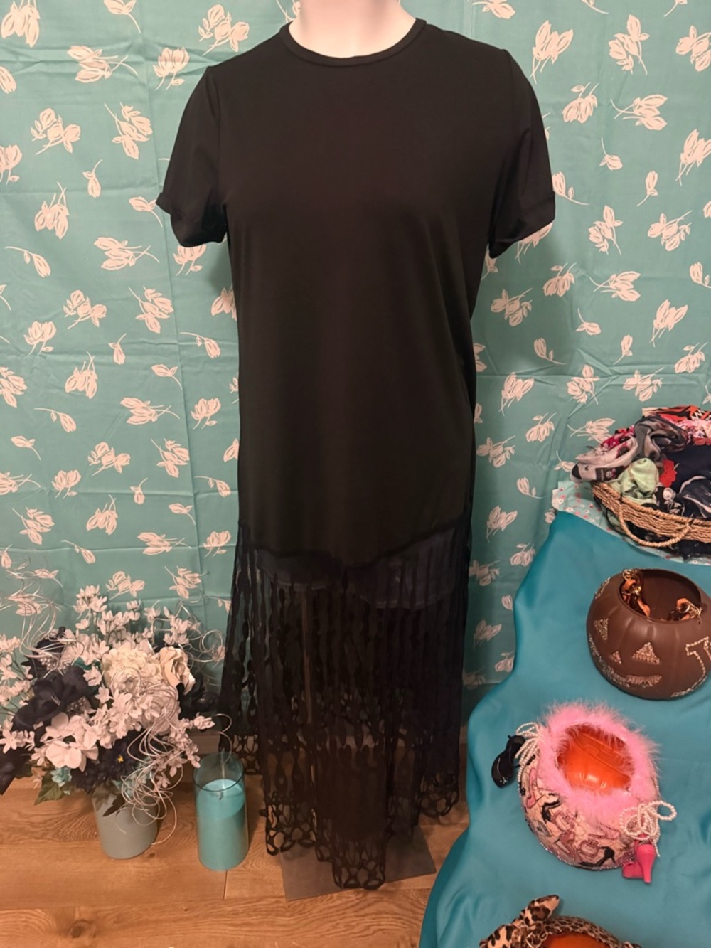 Black Short Sleeve Dress with Sheer Fringe Hem